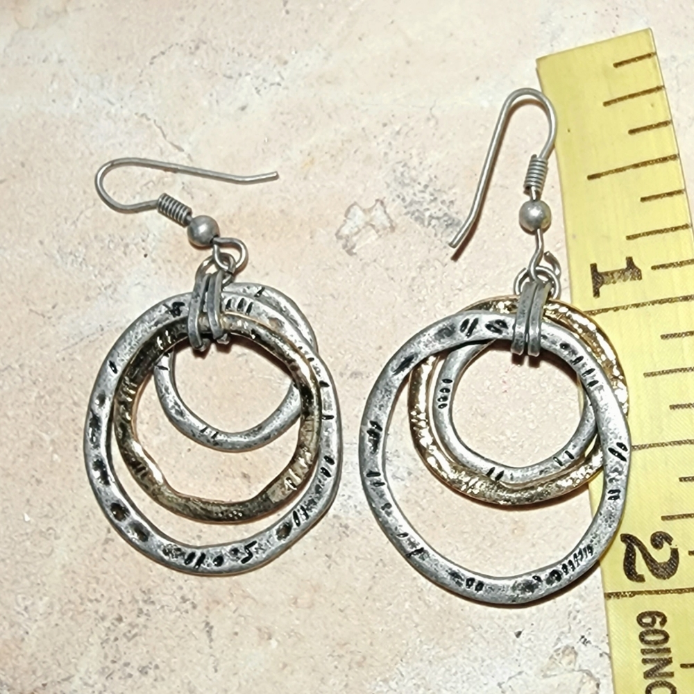 Brushed Two Tone 3 Circles in Oval engraved Drop Earrings modernist minimalist